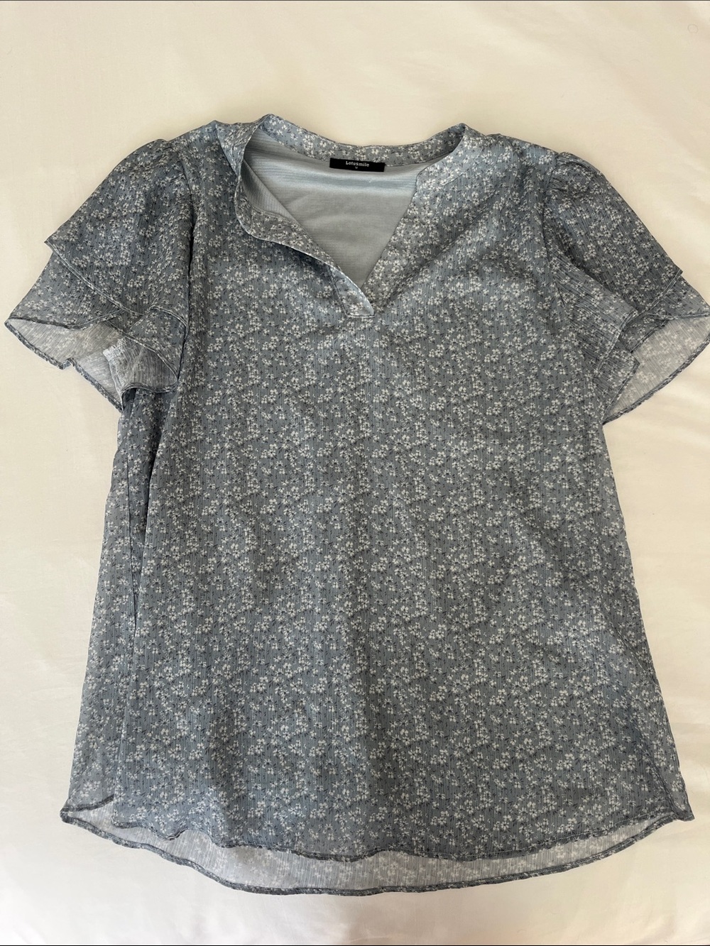 Light Blue Floral Split-Neck Women's Top